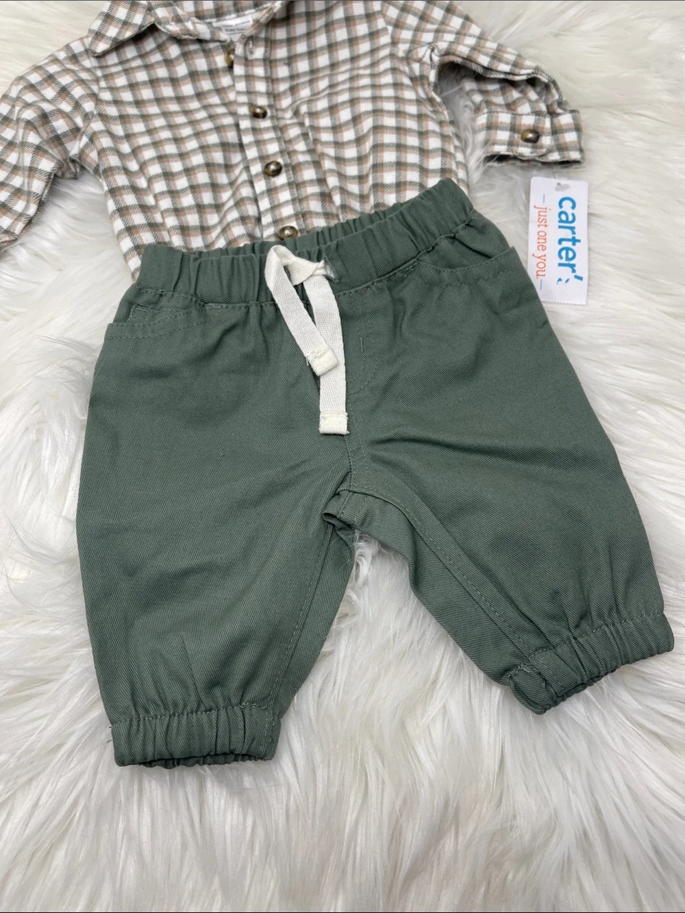 Carter's Green Joggers with Beige Plaid Button-Up Set